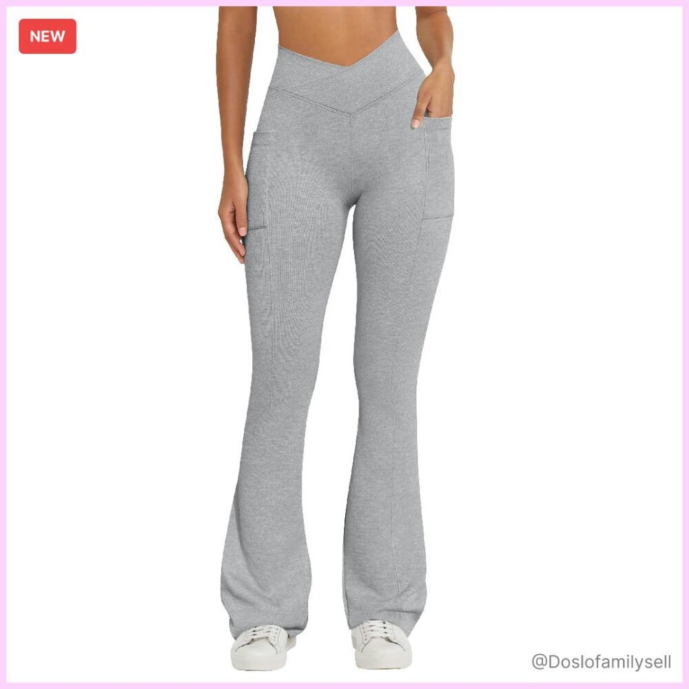 High Waist Crossover Flared Trousers Soft Active Yoga Pants with Pockets